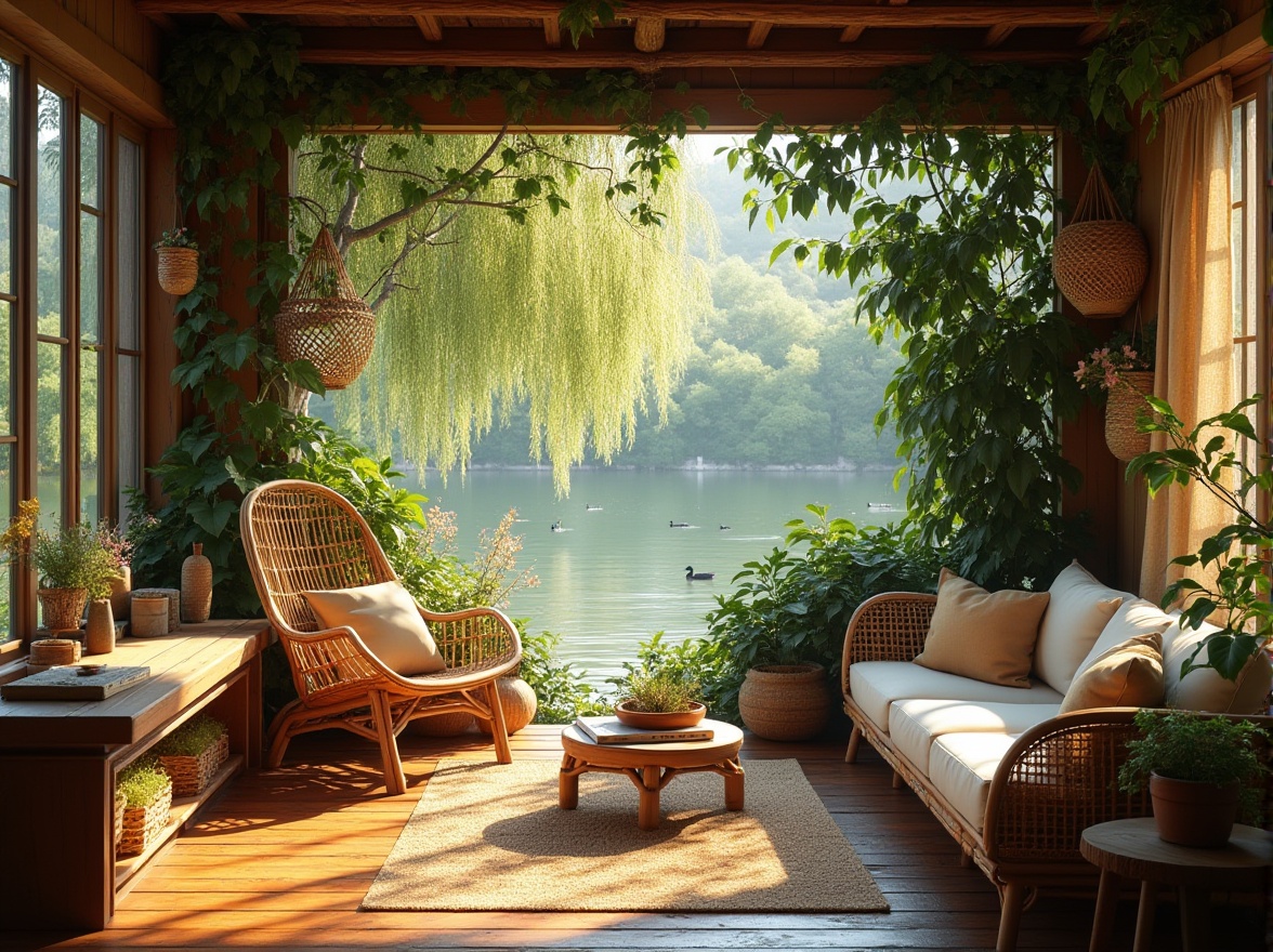 Prompt: Cozy living room, riverbank-inspired decor, natural materials, wooden floor, woven bamboo furniture, soft cushions, warm lighting, plants on shelves, vines crawling up walls, large windows overlooking serene landscape, peaceful atmosphere, afternoon sunbeams, gentle breeze, sound of water flowing, few ducks swimming outside, weeping willows near window, blooming wildflowers in vibrant colors, old wooden bench in corner, vintage fishing net decor, natural textiles, earthy tones, comfortable reading nook, warm and soft ambient lighting.