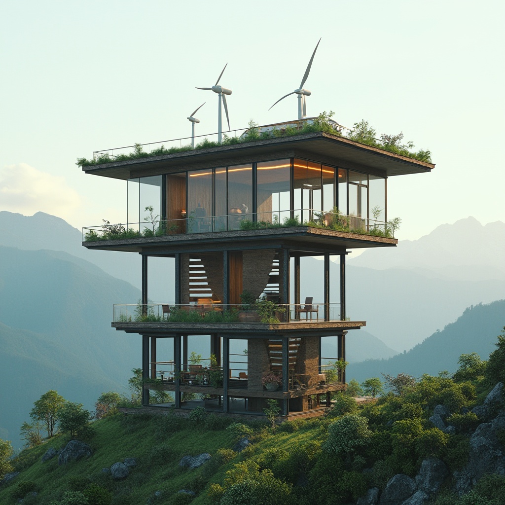 Prompt: Sustainable watching tower, eco-friendly construction, wooden structure, recycled materials, green roof, solar panels, wind turbines, modern architecture, sleek design, minimalist aesthetic, steel beams, glass windows, panoramic view, mountainous background, misty atmosphere, soft natural light, 3/4 composition, cinematic angle, shallow depth of field.