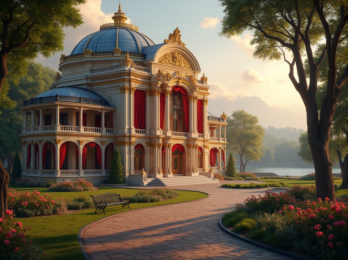 Prompt: Grand opera house, luxurious architecture, domed roof, golden details, marble columns, grand staircase, red velvet curtains, crystal chandeliers, park setting, lush greenery, blooming flowers, serene lake, walking path, evening atmosphere, soft warm lighting, majestic trees, vibrant flowers, garden benches, intricate iron fences, peaceful ambiance, cinematic composition, depth of field.