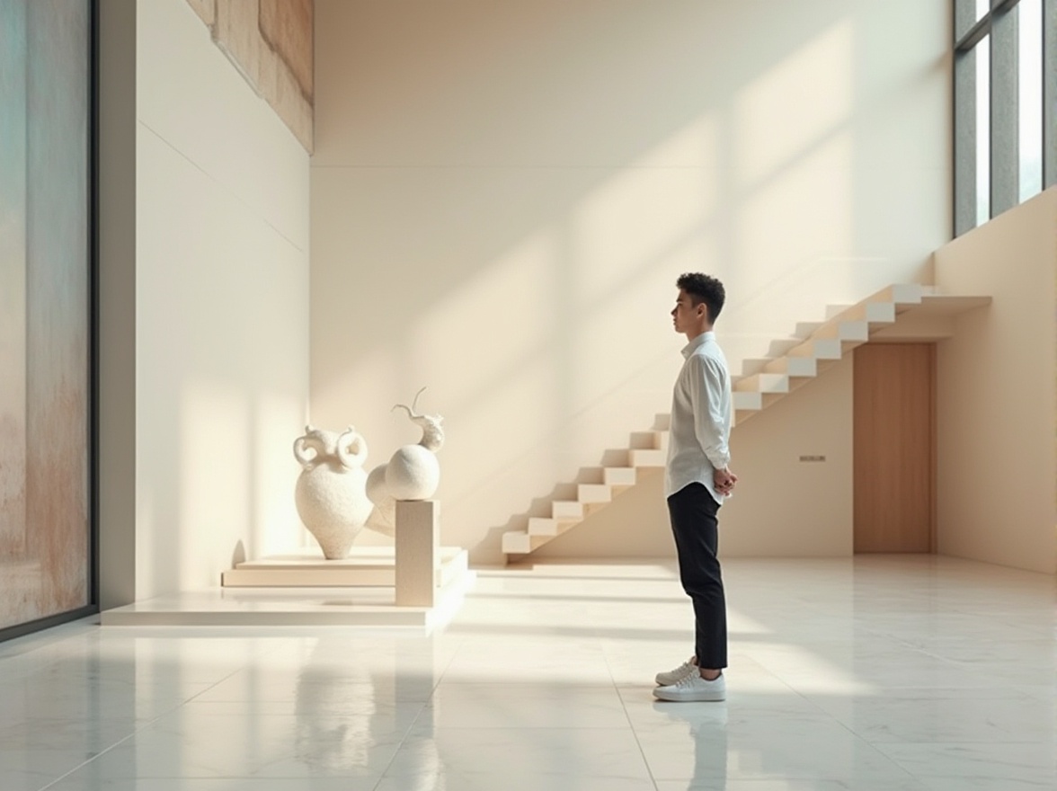 Prompt: Museum interior, minimalism style, solo visitor, (25yo), simple white shirt, black trousers, sneakers, calm facial expression, hands behind back, standing, gazing, appreciating, natural light pouring in from large windows, few exhibits on display, modern sculptures, abstract art pieces, white marble floors, plain walls, subtle wood accents, elegant staircases, soft shadows, shallow depth of field, cinematic composition, gentle ambient lighting, warm color tone.