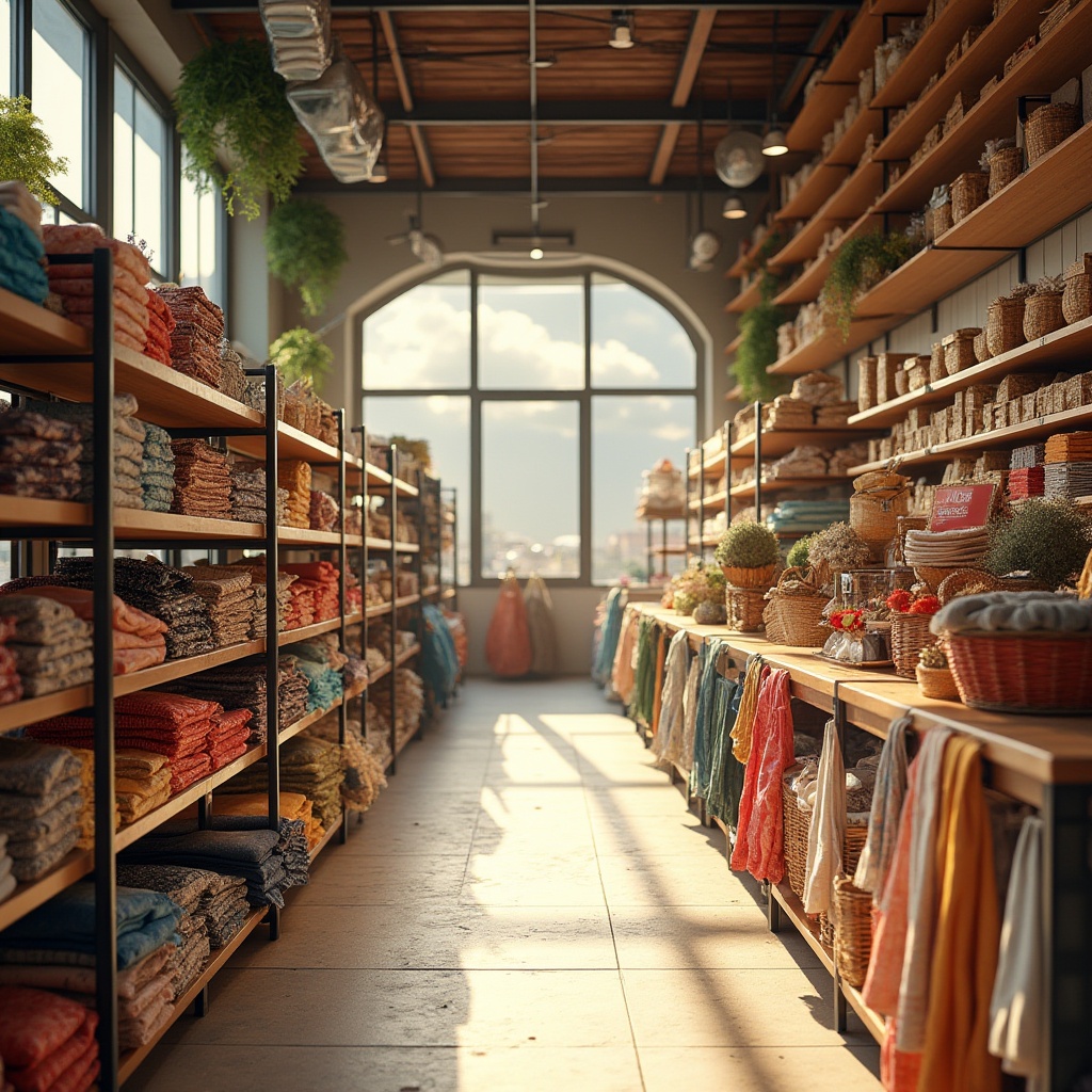 Prompt: Modern grocery store interior design, vibrant color scheme, diverse fabrics material, wooden shelves, metal racks, baskets, woven bags, natural light pouring through large windows, warm atmosphere, soft shadows, afternoon sunlight, 3/4 composition, shallow depth of field, realistic rendering, cotton, linen, polyester, silk, velvet, satin, lace, corduroy, denim, gingham, plaid, stripes, polka dots, floral patterns, abstract textures, reflective surfaces, matte finishes.