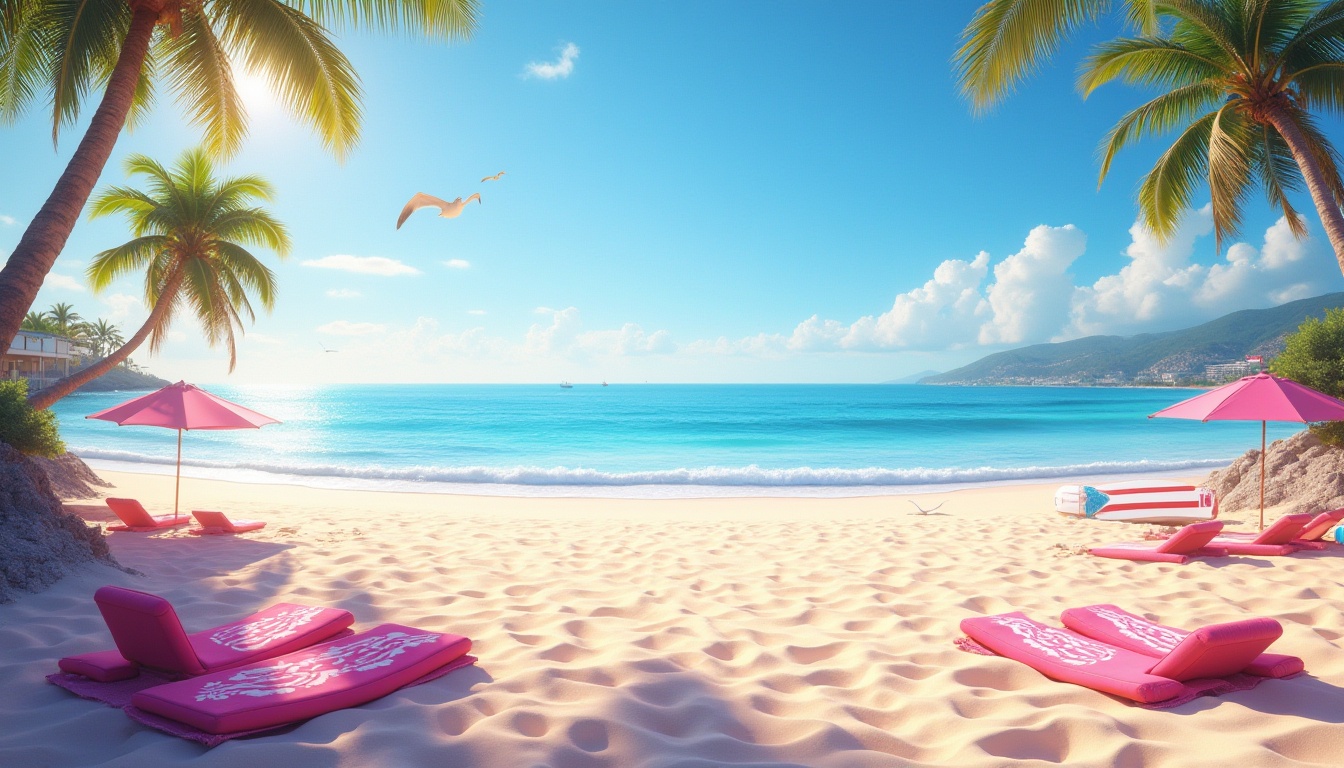 Prompt: Beach scene, heliotrope color scheme, vibrant pinkish-purple hue, warm sandy dunes, gentle ocean waves, clear blue sky with few white clouds, beach towels and sunshades in heliotrope accents, tropical palm trees swaying in the breeze, a few surfboards and beach balls scattered around, seagulls flying overhead, shallow water with subtle wave ripples, warm sunlight casting long shadows, 3/4 composition, soft focus on background, cinematic lighting.