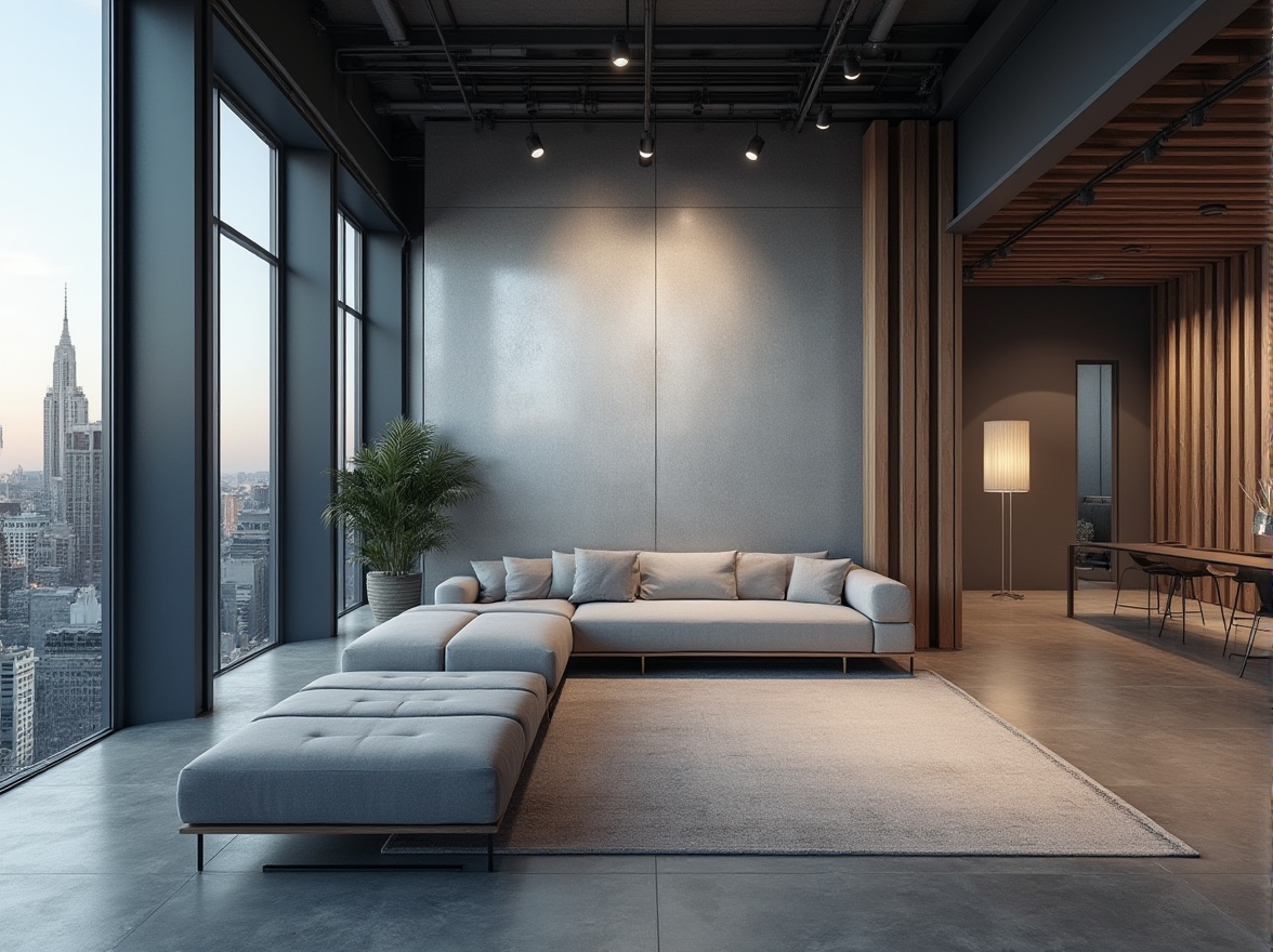 Prompt: Modern design, industrial style, zinc material, metallic texture, silver-gray color, reflective surface, urban atmosphere, cityscape background, skyscraper, steel beams, concrete floor, minimalist decor, modern furniture, sleek lines, angular shape, spotlights, warm ambient lighting, 3/4 composition, panoramic view.