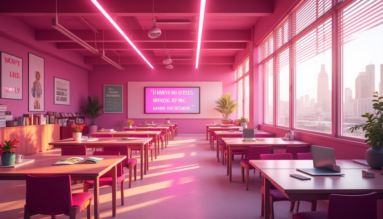 Prompt: Educational space, vibrant magenta color, modern minimalist interior, fluorescent lighting, inspirational quotes on walls, ergonomic chairs, sleek wooden tables, motivational posters, educational tools, colorful pencils, laptops, tablets, futuristic architecture, cityscape view through large windows, afternoon sunlight, warm atmosphere, shallow depth of field, 3/4 composition, soft focus, ambient Occlusion.