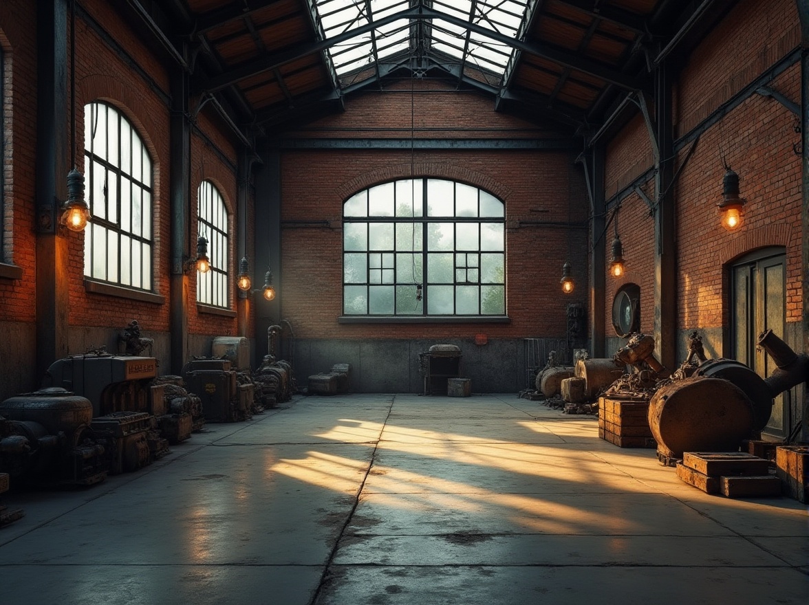 Prompt: Industrial warehouse, rustic brick walls, steel beams, concrete floors, large windows, metal roofing, vintage industrial lamps, old wooden crates, worn-out machinery, distressed textures, urban decay, atmospheric lighting, dramatic shadows, 3/4 composition, high-angle shot, cinematic mood, gritty realism.