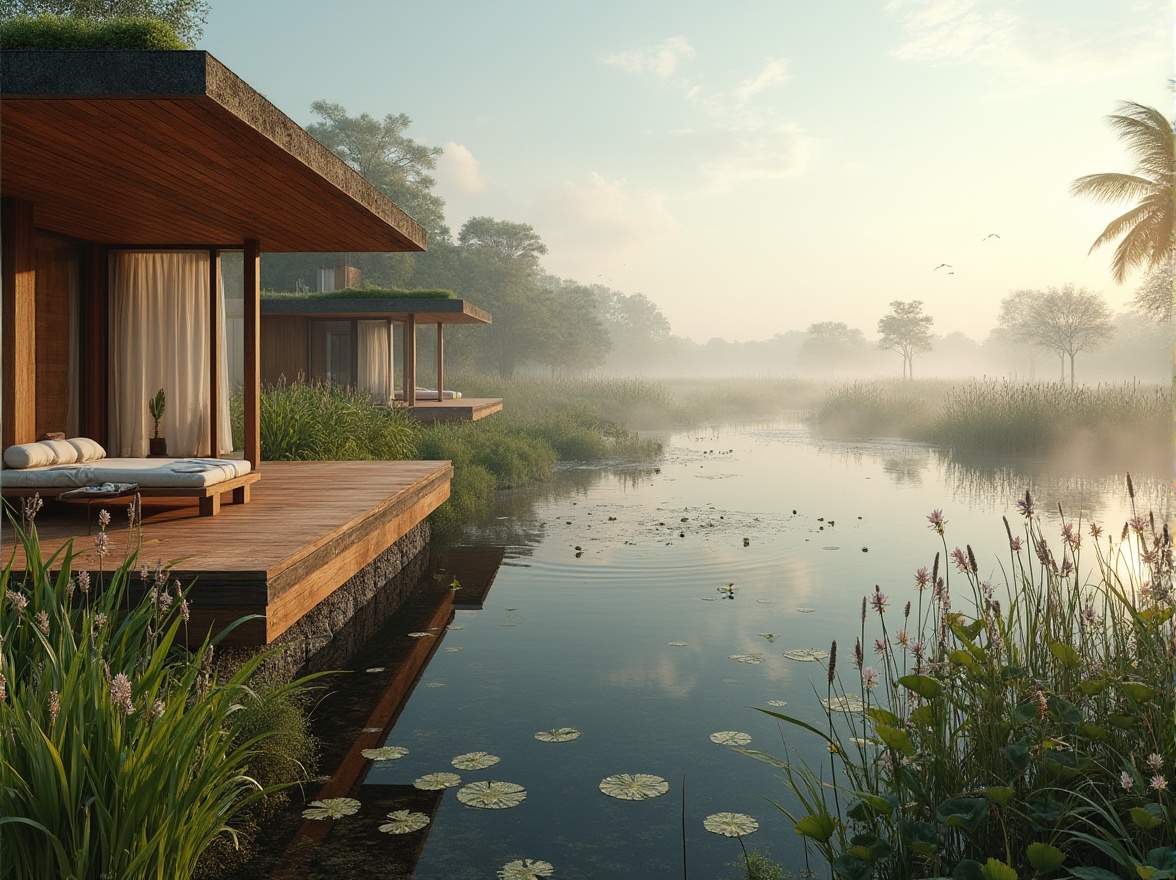 Prompt: Luxurious hotel, wetland environment, modern architecture, eco-friendly materials, wooden decks, floor-to-ceiling windows, private balconies overlooking misty marshes, water lilies, cattails, tranquil atmosphere, soft morning light, ambient sounds of birds chirping, gentle wind rustling through reeds, 3/4 composition, shallow depth of field, warm color palette, natural textures, serene ambiance.