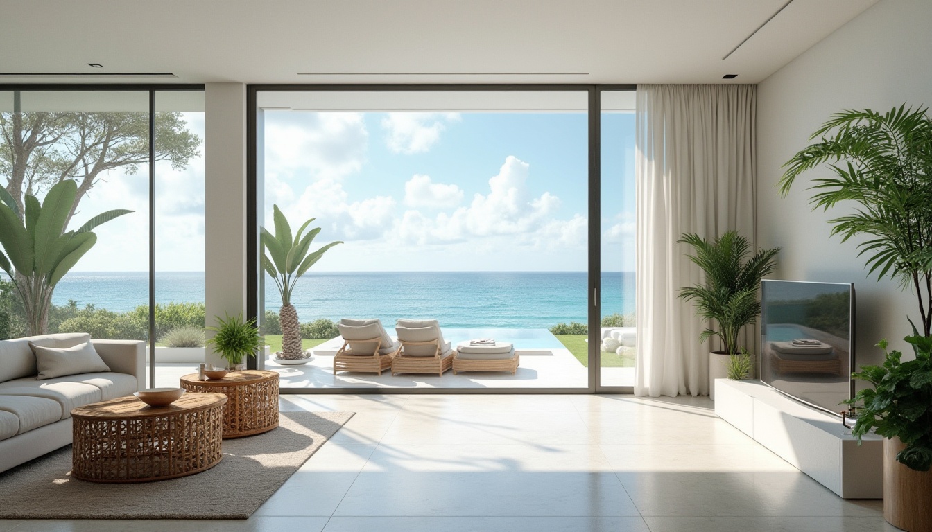 Prompt: Beach modern villa, maximizing natural light, large floor-to-ceiling windows, sliding glass doors, open-plan living area, minimalist interior design, sleek lines, white walls, polished concrete floors, low-profile furniture, tropical plants, potted palms, ocean views, blue skies, fluffy white clouds, warm sunny day, soft diffused lighting, shallow depth of field, 3/4 composition, natural textures, wood accents, woven rattan chairs, coastal vibe, relaxed atmosphere.