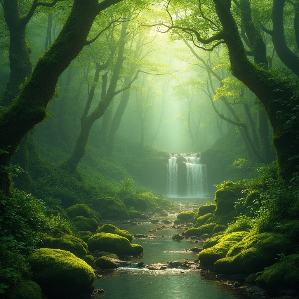 Prompt: Moss green, pastel tone, calming atmosphere, peaceful scenery, misty forest, dense foliage, moss-covered stones, serene waterfalls, gentle streams, soft sunlight filtering through trees, warm ambient lighting, vibrant flora, lush vegetation, natural textures, earthy tones, whimsical composition, shallow depth of field, dreamy quality, romantic ambiance.