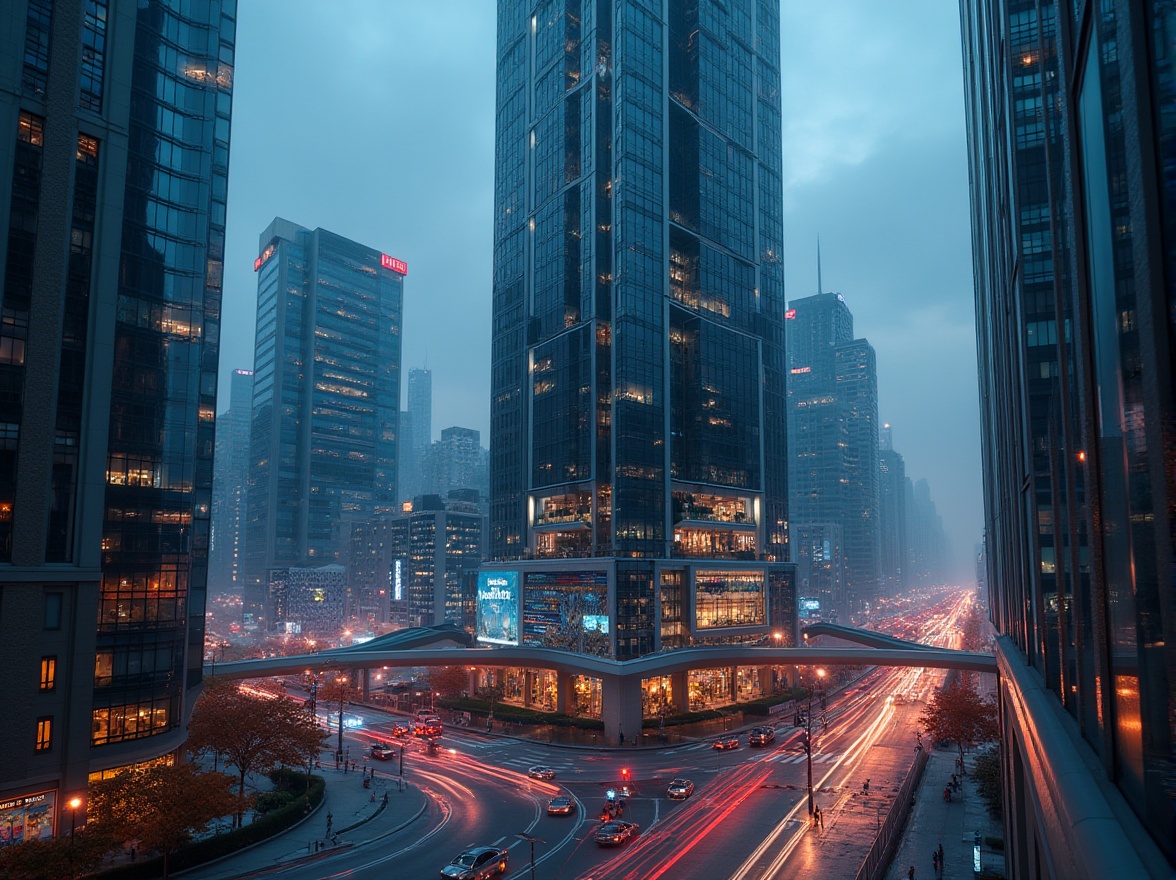 Prompt: Futuristic skyscraper, commercial district, cityscape, sleek glass exterior, metallic frame, LED lights, modern architecture, urban landscape, busy streets, pedestrians, cars, traffic lights, night scene, neon signs, reflections on windows, high-angle shot, deep depth of field, dramatic lighting, cinematic composition.