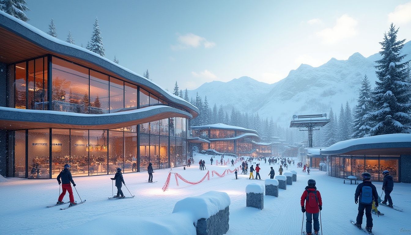 Prompt: Modern ski center, futuristic architecture, sleek lines, glass facade, snow-capped roofs, ski lifts, gondolas, mountainous background, evergreen trees, snowflakes gently falling, frosty mist, warm interior lighting, wooden accents, cozy atmosphere, people in skiing attire, helmets, goggles, colorful ski suits, dynamic poses, action shots, panoramic view, low-angle composition, dramatic shadows, high-contrast lighting.