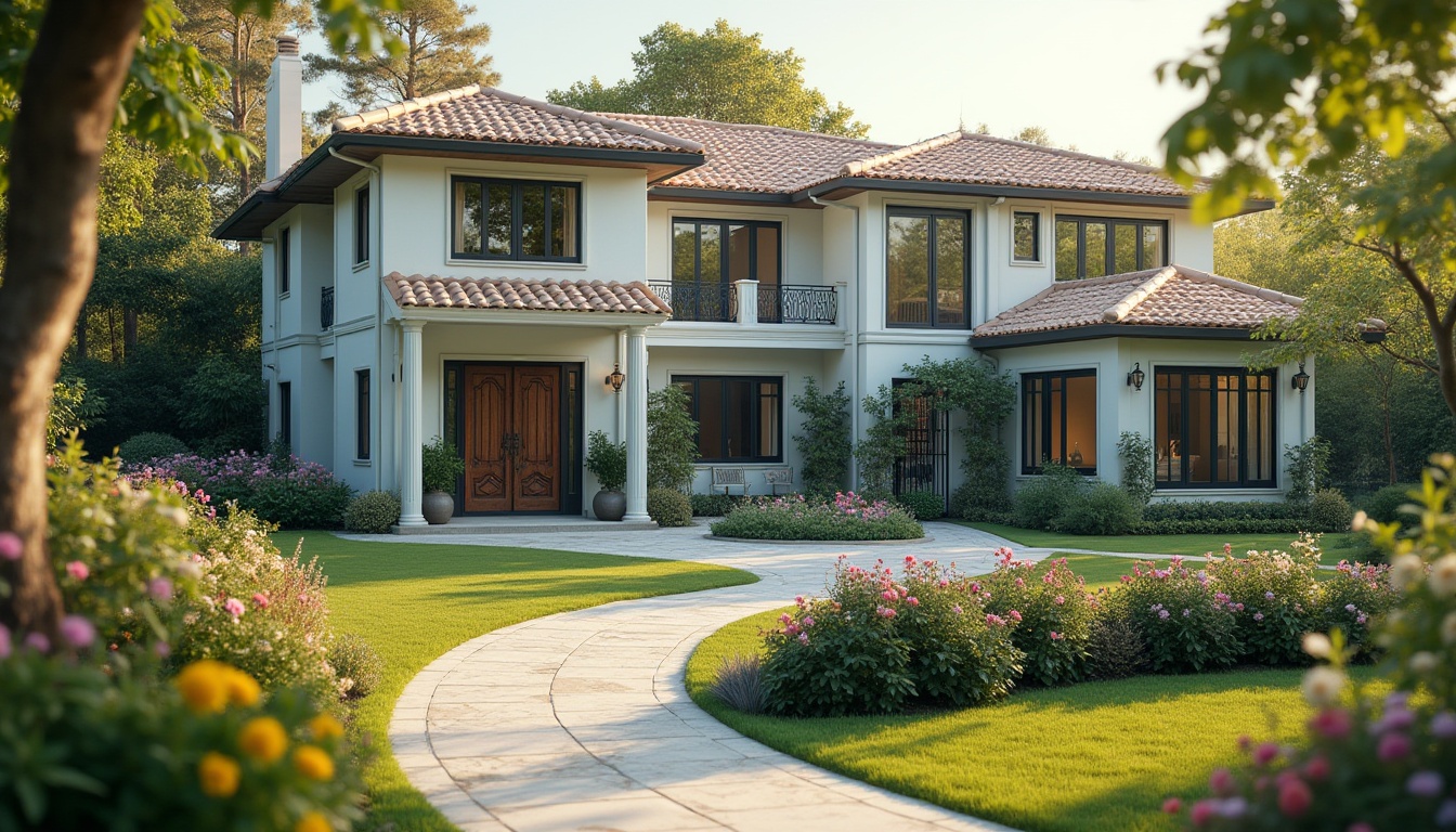 Prompt: Villa, periwinkle exterior walls, elegant modern architecture, large windows, cream-colored roof tiles, beautiful garden, lush greenery, vibrant colorful flowers, winding stone path, ornate metal gate, warm afternoon sunlight, soft focus, shallow depth of field, cozy atmosphere, natural textures, rustic wooden door, ceramic planters, subtle shadows, 3/4 composition.