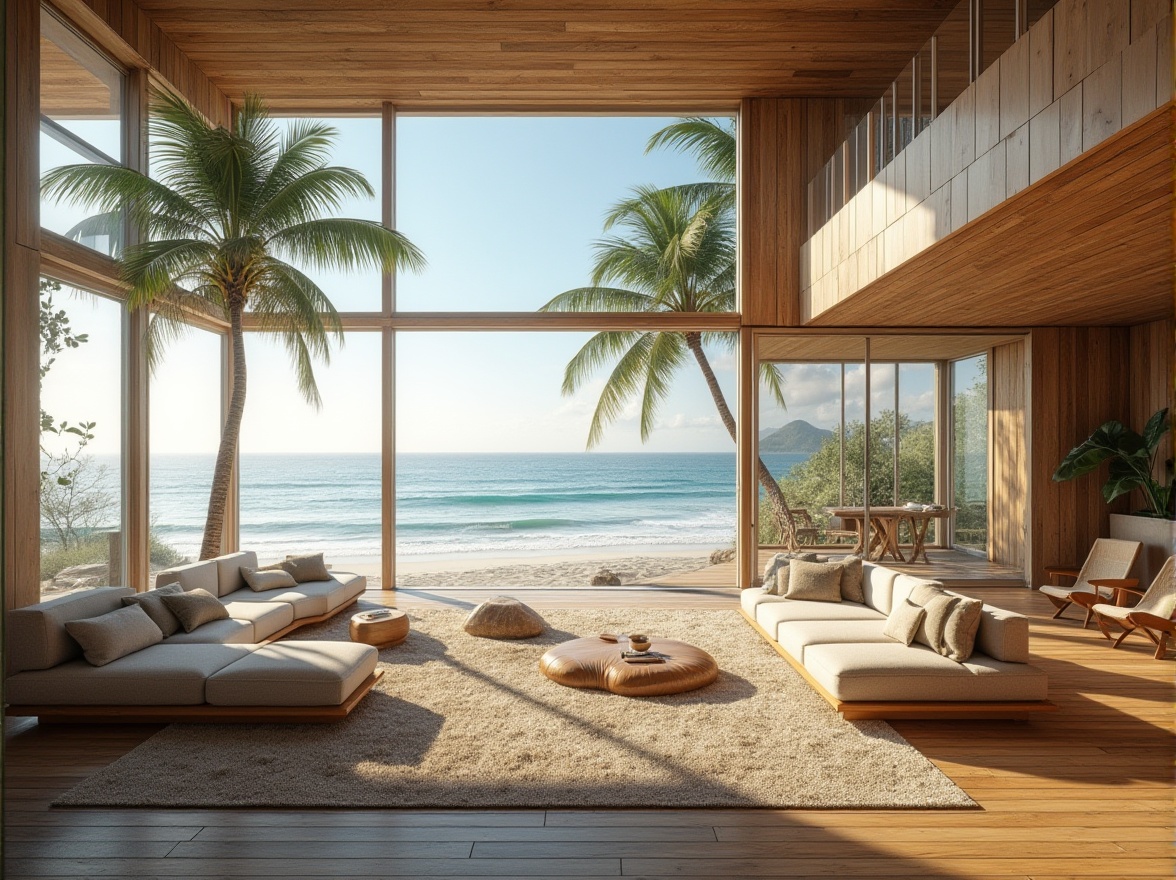 Prompt: Beach home, sustainable design, eco-friendly, modern architecture, large windows, natural ventilation, solar panels, wooden decking, recycled materials, minimalist interior, calming color palette, ocean view, coastal landscape, sandy beach, palm trees, driftwood furniture, woven textiles, organic shapes, 3/4 composition, warm lighting, soft focus.