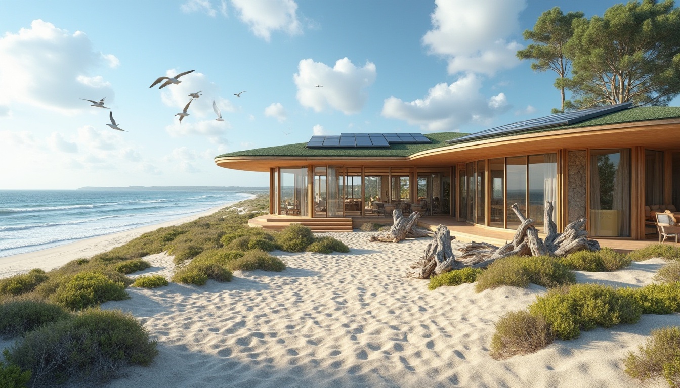 Prompt: Coastal community center, organic architecture, curved lines, natural materials, wood, stone, earth tones, green roof, solar panels, large windows, ocean views, beachside, sandy dunes, driftwood sculptures, seagulls flying overhead, sunny day, blue sky, white puffy clouds, gentle sea breeze, sound of waves crashing, warm lighting, 3/4 composition, shallow depth of field, natural ambiance.