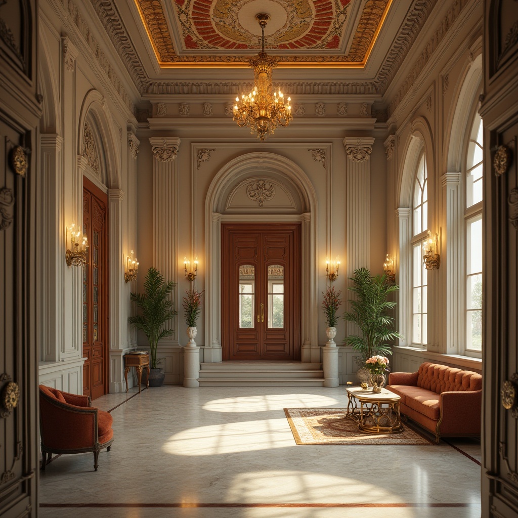 Prompt: Neoclassical hostel, limestone exterior, ornate columns, symmetrical facade, grand entrance, wooden doors, bronze door handles, elegant lobby, high ceiling, chandelier, marble flooring, curved staircase, luxurious furniture, velvet sofas, intricate patterns, soft warm lighting, afternoon sunbeam, 3/4 composition, shallow depth of field, classic, sophisticated, architectural details, realistic textures.