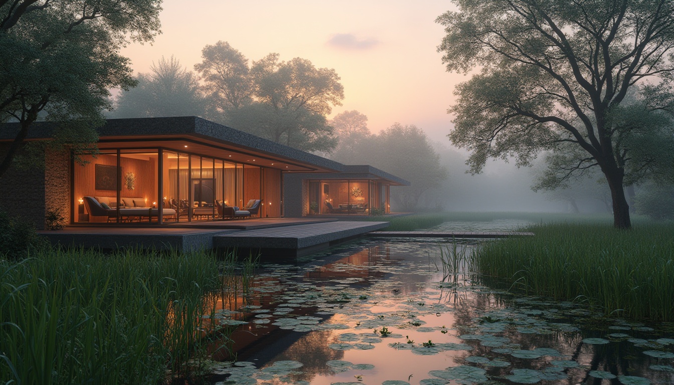 Prompt: Luxurious hotel, modern architecture, surrounded by wetlands, misty atmosphere, water lilies, reeds, cattails, wooden boardwalks, stilts, reflections on calm water, mangrove trees, exotic plants, sunset colors, warm lighting, cozy interior, natural materials, rustic wood, stone walls, large windows, panoramic view, 3/4 composition, shallow depth of field, soft focus, atmospheric perspective.