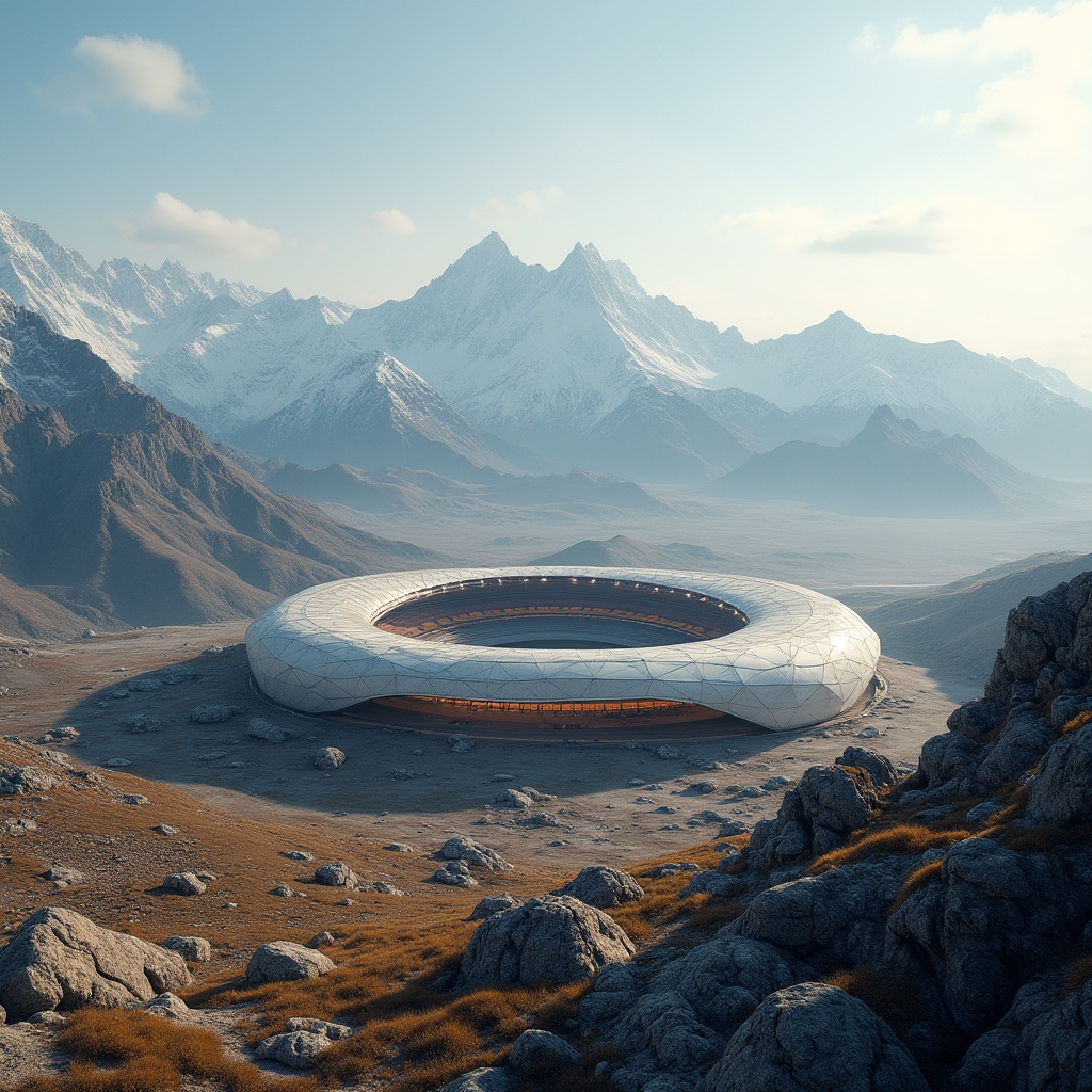 Prompt: High-altitude stadium, plateau landscape, majestic mountains, vast open space, sparse vegetation, rugged terrain, steep slopes, harsh weather conditions, strong winds, low oxygen levels, unique architecture, futuristic design, curved lines, aerodynamic shape, reinforced materials, thermal insulation, double-glazed windows, snow-load capacity, earthquake resistance, advanced wind tunnel testing, panoramic view, 3/4 composition, dramatic lighting, warm color tones.