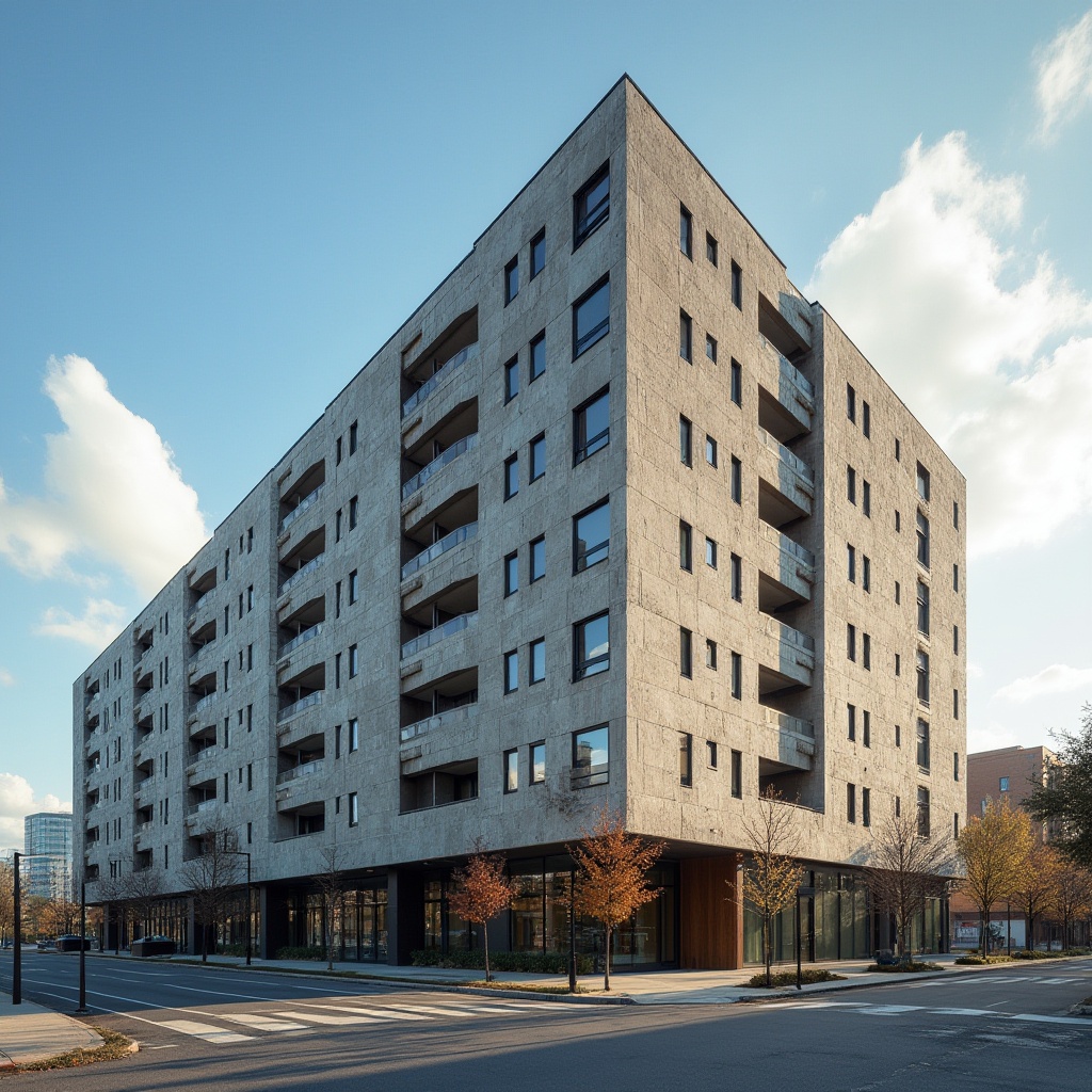 Prompt: Modern building, Gainsboro color tone, exterior wall, rough stone texture, angular structure, geometric shape, urban cityscape, daytime, clear blue sky, few white clouds, warm sunlight casting long shadows, 3/4 composition, low-angle shot, architectural photography, high-contrast lighting, sharp focus on building edges.