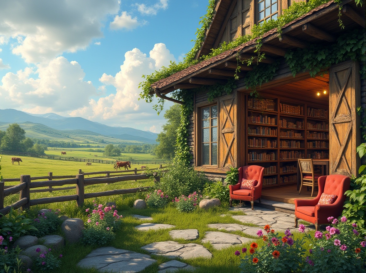 Prompt: Rustic library, farmland setting, countryside landscape, green pastures, rolling hills, wooden fence, vines climbing up walls, large windows, natural light pouring in, cozy reading nooks, wooden shelves filled with books, comfortable armchairs, warm lighting, earthy tones, stone pathways leading to entrance, blooming wildflowers surrounding building, few cows grazing nearby, blue sky with puffy white clouds, soft focus background, cinematic composition, peaceful atmosphere.