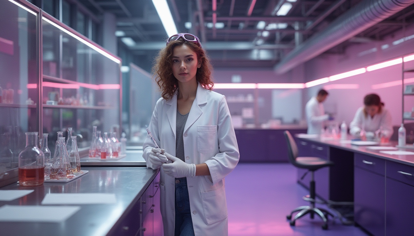 Prompt: Modern laboratory, plum color accents, futuristic equipment, sleek metal surfaces, minimalist decor, scientist in a white coat, goggles on forehead, curly brown hair, subtle makeup, holding a pipette, standing near a stainless steel counter, surrounded by various beakers and test tubes, softbox lighting, shallow depth of field, 3/4 composition, warm ambient color tone, plum-colored walls, floors, and cabinets, adding a pop of color to the otherwise neutral space, industrial-style chairs, scattered papers and notes on the countertops.