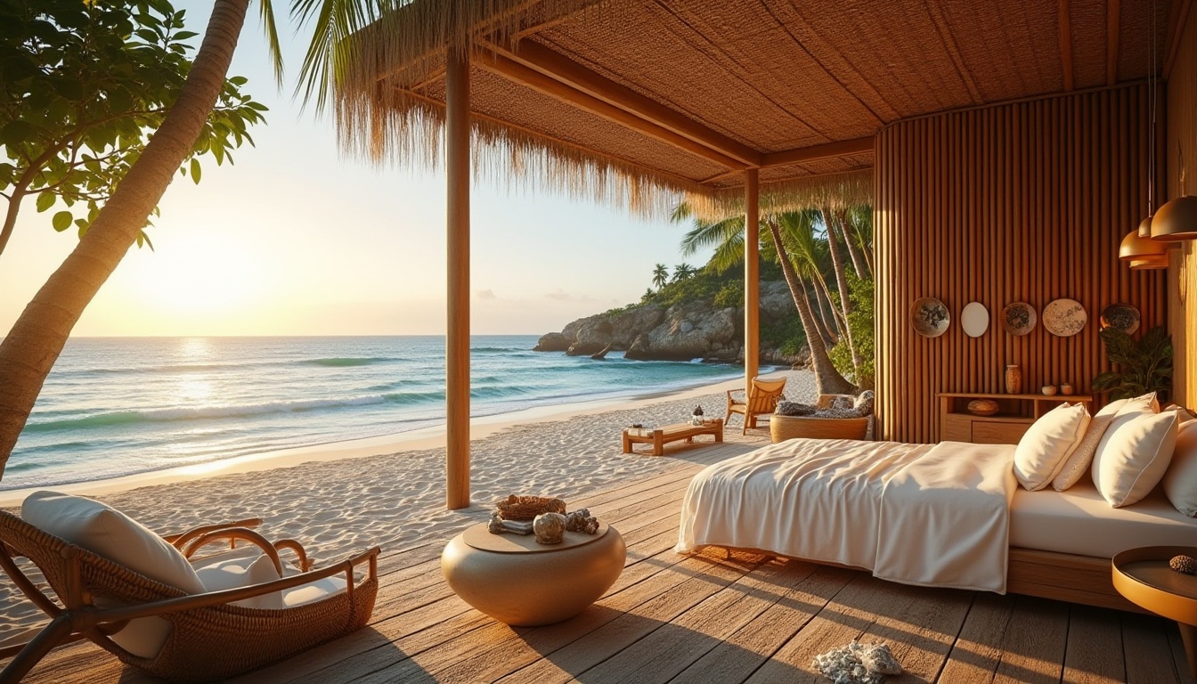 Prompt: Beachside villa, tropical island, bamboo material, woven bamboo roof, natural texture, curved lines, minimalist modern architecture, palm trees swaying, ocean waves crashing, sandy beach, seashells scattered, driftwood decorations, rattan furniture, bohemian decor, warm sunset lighting, 3/4 composition, shallow depth of field, cinematic ambiance.