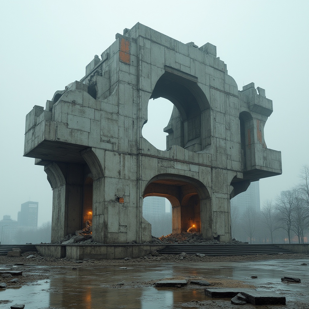 Prompt: Deconstructivist monument, fragmented structure, irregular shape, complex geometry, broken columns, distorted arches, abstract sculpture, brutalist materials, rough concrete, rusty metal, shattered glass, dynamic lighting, dramatic shadows, urban cityscape, overcast sky, misty atmosphere, cinematic composition, low-angle shot, symmetrical axis, bold colors, avant-garde architecture.