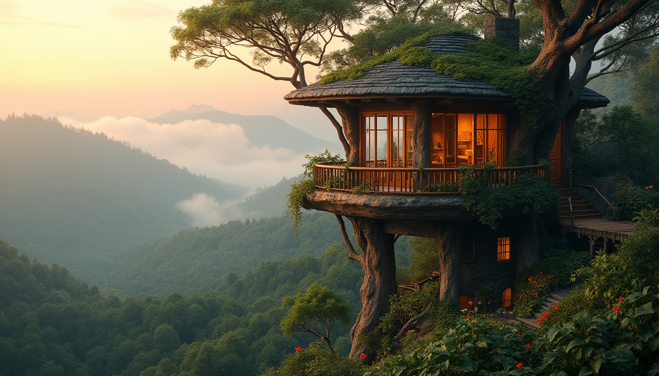 Prompt: Watching tower, nature-inspired design, blending with surroundings, tree branches wrapping around pillars, vines crawling up walls, lush greenery on rooftops, flowers blooming from windowsills, wooden accents, earthy tones, natural materials, curved lines, organic shapes, bird's eye view, overlooking forest, misty mountains in the distance, warm sunset lighting, soft focus, 3/4 composition, cinematic atmosphere.