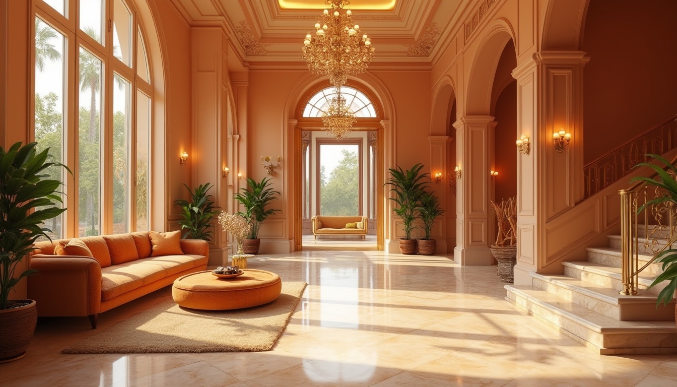 Prompt: Apricot color, hotel lobby, luxurious ambiance, marble floor, elegant staircase, warm apricot tone walls, velvet sofas, golden lighting fixtures, potted plants, modern chandelier, spacious atmosphere, 3/4 composition, soft focus, warm color palette, inviting decor, grand architecture, natural light pouring in through large windows.