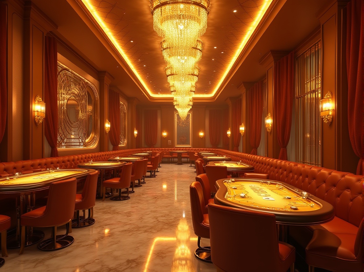 Prompt: Amber color palette, luxurious high-tech casino, futuristic architecture, grandiose chandeliers, marble floors, sleek metal rails, ambient warm lighting, cozy atmosphere, VIP lounge, private gaming tables, velvet curtains, golden accents, metallic sheen, reflective surfaces, spotlights, dynamic composition, cinematic mood, dramatic shadows, 3D visual effects.