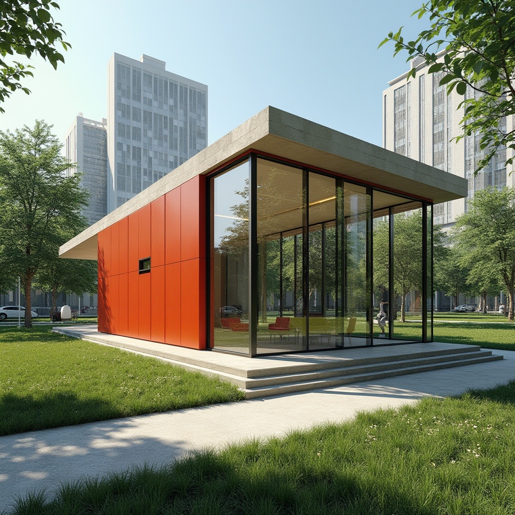 Prompt: Modern pavilion, geometric shape, minimal ornamentation, clean lines, rectangular form, flat roof, large windows, steel frames, glass façade, functional layout, open floor plan, industrial materials, concrete foundation, bold color scheme, primary colors, natural light, dramatic shadows, afternoon sun, urban park setting, greenery surroundings, modern cityscape, abstract background, high contrast lighting, 3/4 composition, wide-angle lens.