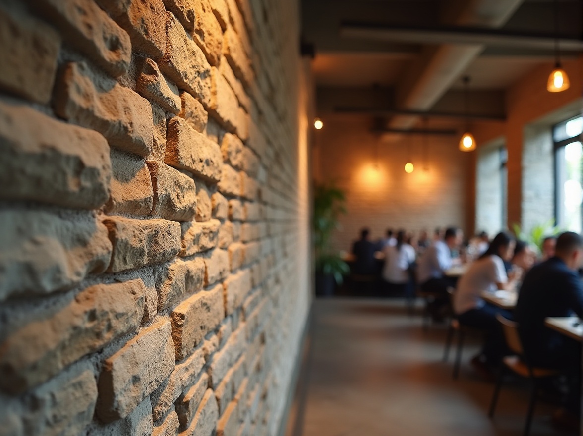 Prompt: Modern restaurant interior, masonry material wall, rustic brick, exposed concrete ceiling, wooden beam, industrial chic decor, warm ambient lighting, soft shadows, 3/4 composition, shallow depth of field, close-up on masonry texture, detailed stone patterns, earthy tone color palette, natural materials, cozy atmosphere, bustling background with blurred patrons, daytime, soft focus, high ISO.