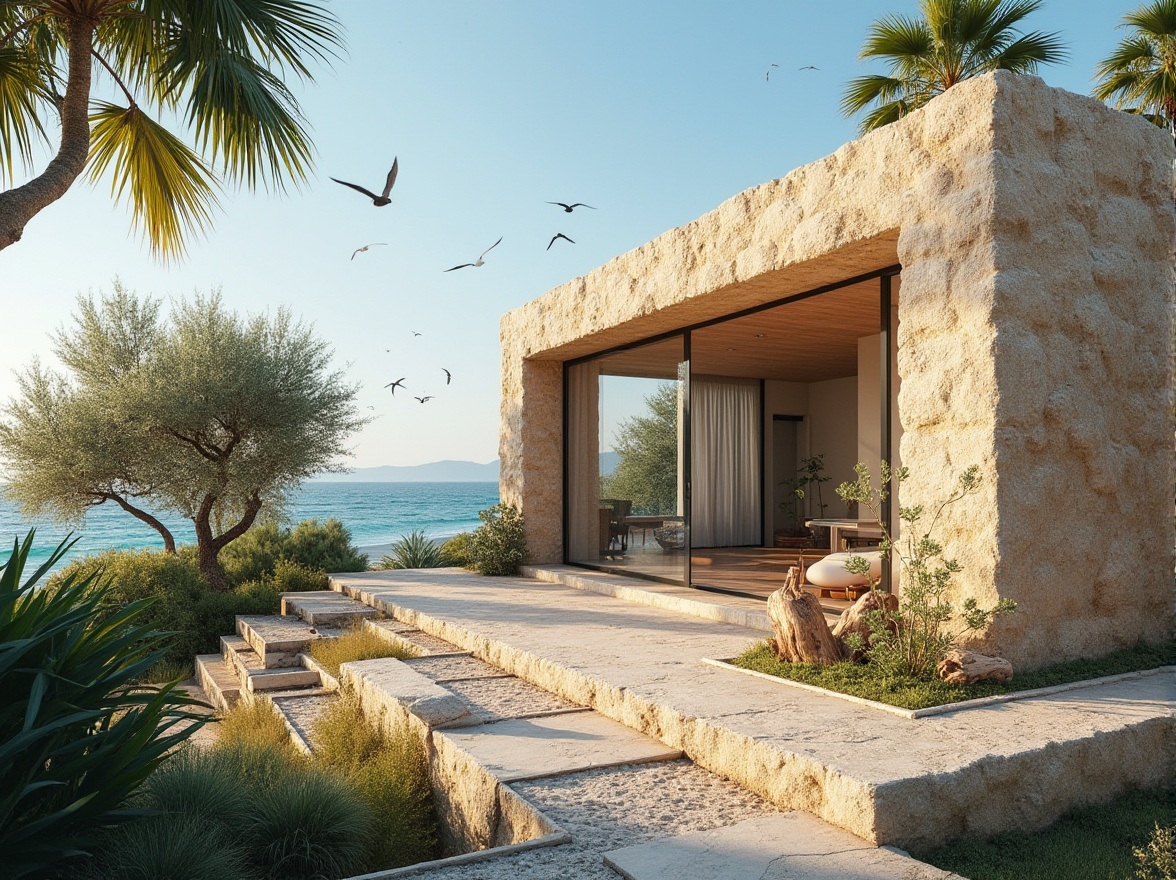 Prompt: Coastal villa, modern design, sandstone walls, rough texture, beige color, natural material, rustic charm, large windows, sea view, Mediterranean style, palm trees, beachside, warm sunny day, clear blue sky, gentle ocean breeze, seagulls flying overhead, driftwood decoration, outdoor seating area, stone pathway leading to the entrance, lush greenery surrounding the villa, soft natural lighting, cinematic composition, 3/4 angle shot.