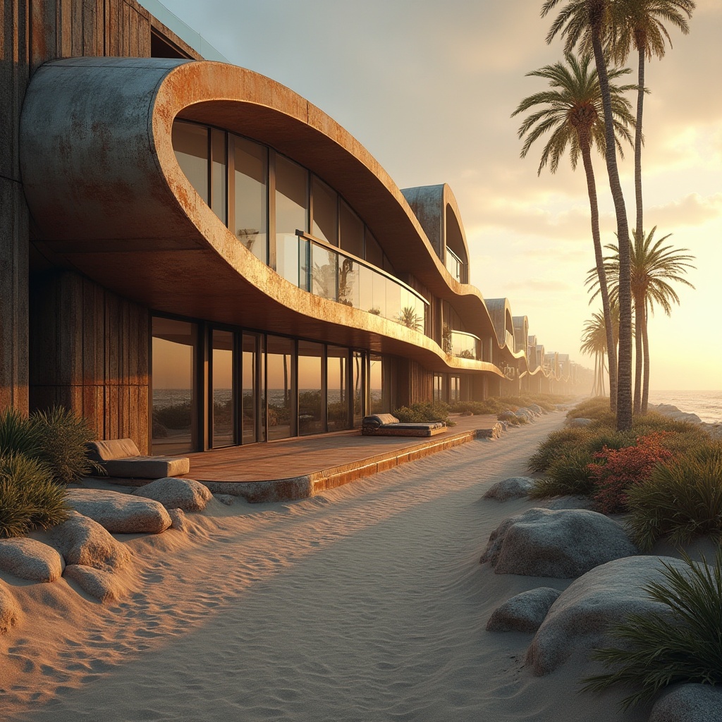 Prompt: Galvanized steel, modern university architecture, expressionist beach designs, bold curved lines, geometric shapes, rust-resistant metal accents, weathered wood textures, driftwood fragments, ocean-inspired sculptures, dramatic lighting, sunset silhouette, palm trees swaying gently, sandy dunes, misty coastal atmosphere, warm golden tones, abstract composition, dynamic angles, futuristic vibes, industrial chic.