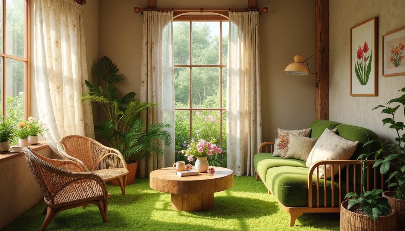 Prompt: Vibrant meadow interior, natural light pouring through large windows, soft green grass-inspired carpet, wildflower-patterned curtains, wooden furniture with floral carvings, vintage botanical prints on walls, rattan woven basket chairs, plush moss-green sofa, rustic wooden coffee table, potted plants and vases with fresh flowers, warm beige stone walls, earthy tone color palette, cozy atmosphere, soft focus, natural textures, inviting ambiance.