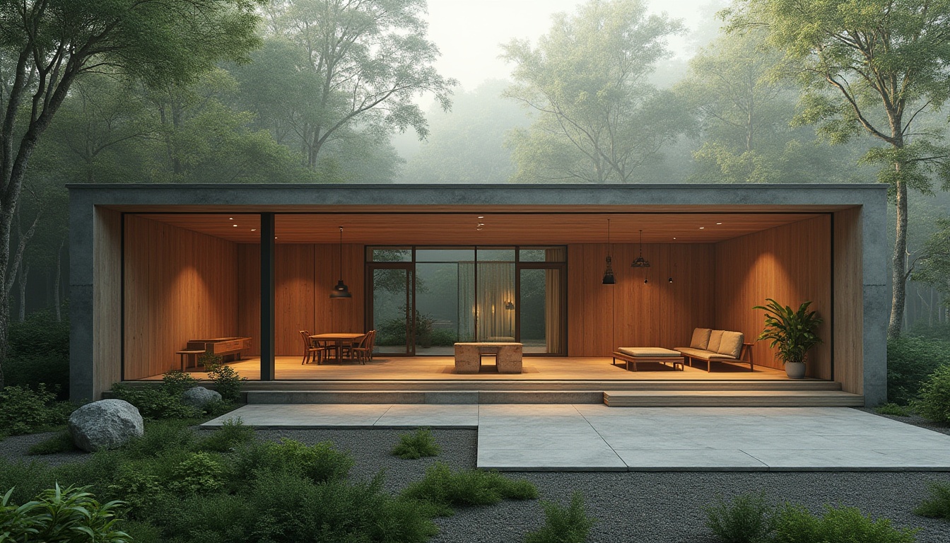 Prompt: Simple modern house, minimalist architecture, large windows, wooden accents, natural materials, blending into surroundings, forest background, tall trees, lush greenery, misty atmosphere, soft morning light, warm color palette, empty space, few decorative plants, concrete floor, stone walls, wooden furniture, subtle textures, peaceful ambiance, 3/4 composition, shallow depth of field, cinematic lighting.