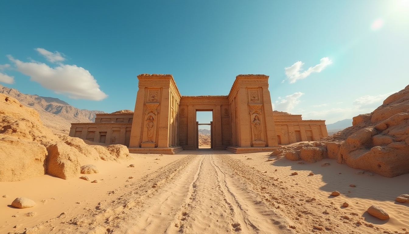 Prompt: Desert monument, ancient ruins, khaki color stone walls, intricate carvings, sandy dunes, clear blue sky, few wispy clouds, strong sunlight, warm ambient lighting, low angle shot, 3/4 composition, monumental structure, detailed texture, rocky terrain, vast open space, dramatic shadows, heroic pose.