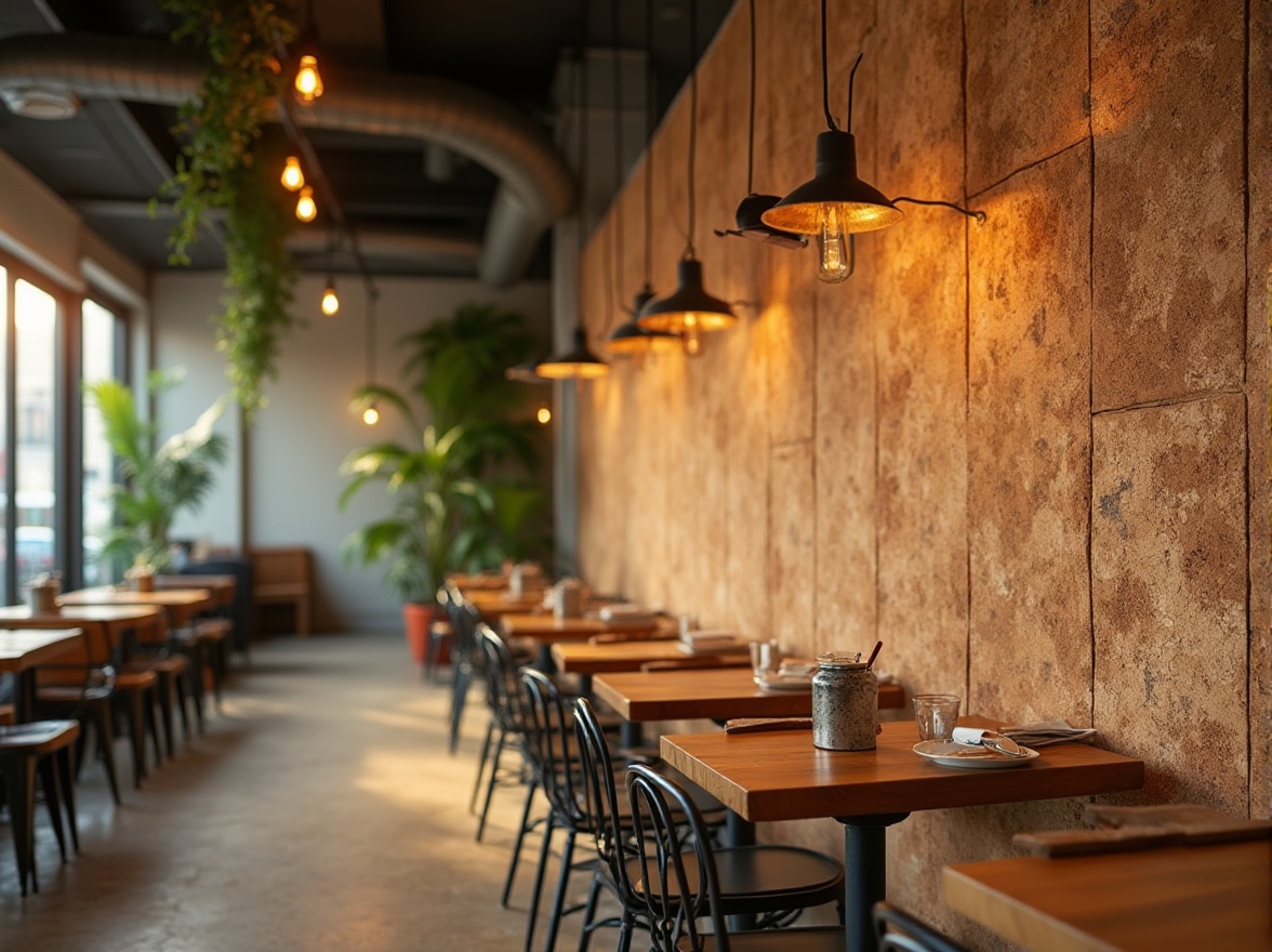 Prompt: Modern coffee shop interior, innovative cork usage, cork walls, natural textured cork, earthy tone, wooden tables, metal chairs, hanging plants, industrial lighting, high ceiling, urban atmosphere, afternoon sunlight, warm ambient lighting, 3/4 composition, shallow depth of field, close-up on cork details, soft focus background, creative use of sustainable materials.