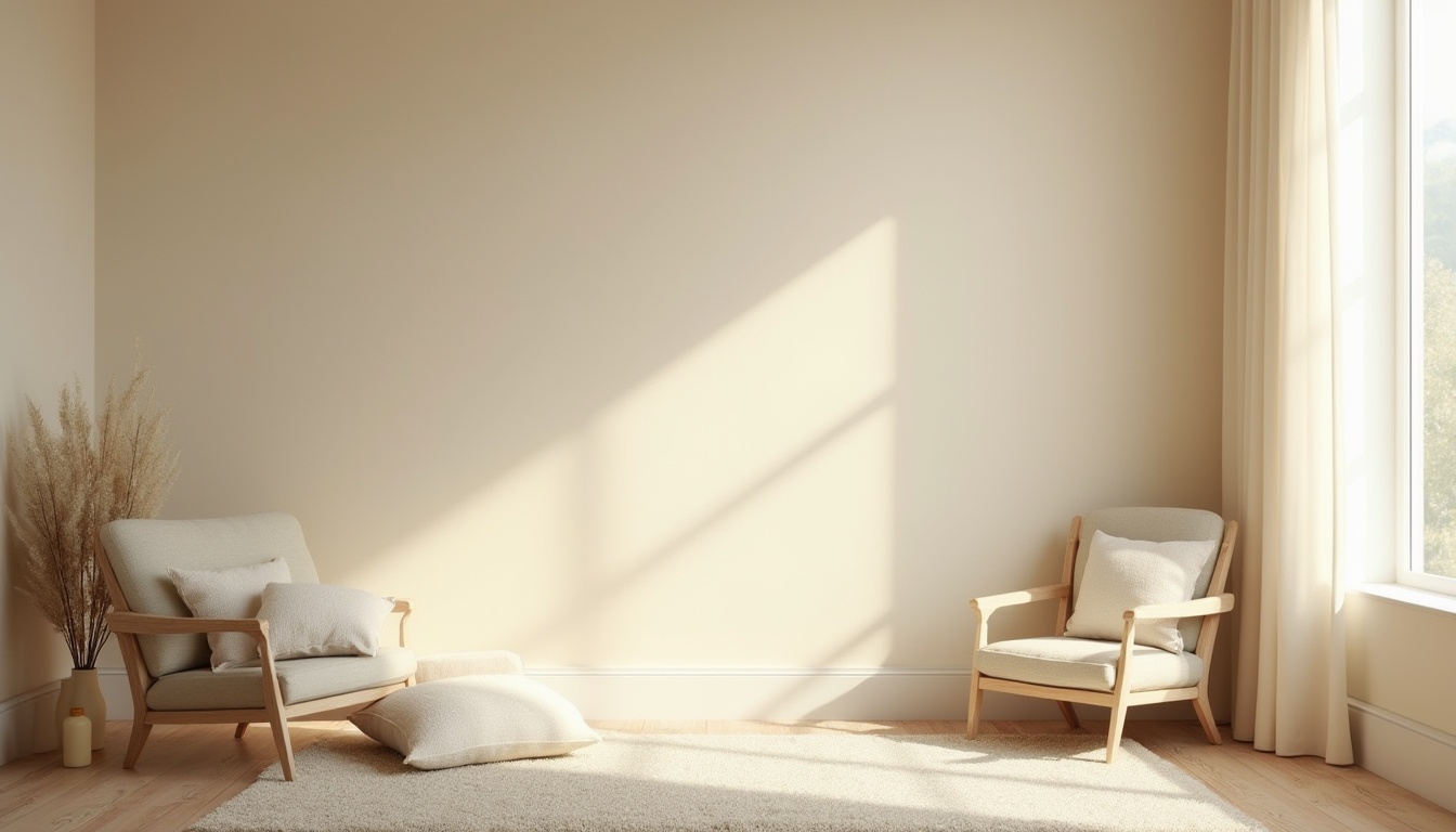 Prompt: Cream color wall, soothing atmosphere, calming ambiance, cozy interior design, minimalist furniture, modern simplicity, wooden floor, soft carpet, elegant curtain, natural light pouring in, warm and inviting, peaceful living room, comfortable reading nook, plush throw pillows, serene landscape painting, gentle morning sunbeams, subtle shadows, relaxing mood, harmonious color palette.