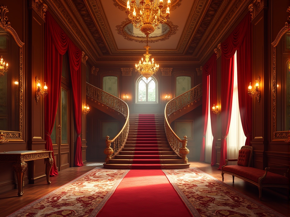 Prompt: Grand, luxurious interior, opulent decorations, velvet curtains, golden chandeliers, ornate mirrors, lavish furniture, richly patterned rugs, dramatic lighting, bold color schemes, Baroque architecture, grand staircase, sweeping archways, intricate moldings, red carpet, spotlights, cinematic atmosphere, 3/4 composition, low-angle shot, warm and soft ambient light.