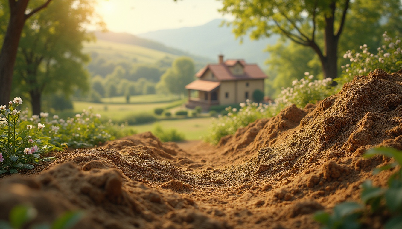 Prompt: Mud material, sustainable design, natural texture, earthy tone, organic shape, rustic architecture, villa, countryside, greenery surroundings, flowers blooming, birds flying, warm sunlight, soft focus, shallow depth of field, natural lighting, 3/4 composition, panoramic view.