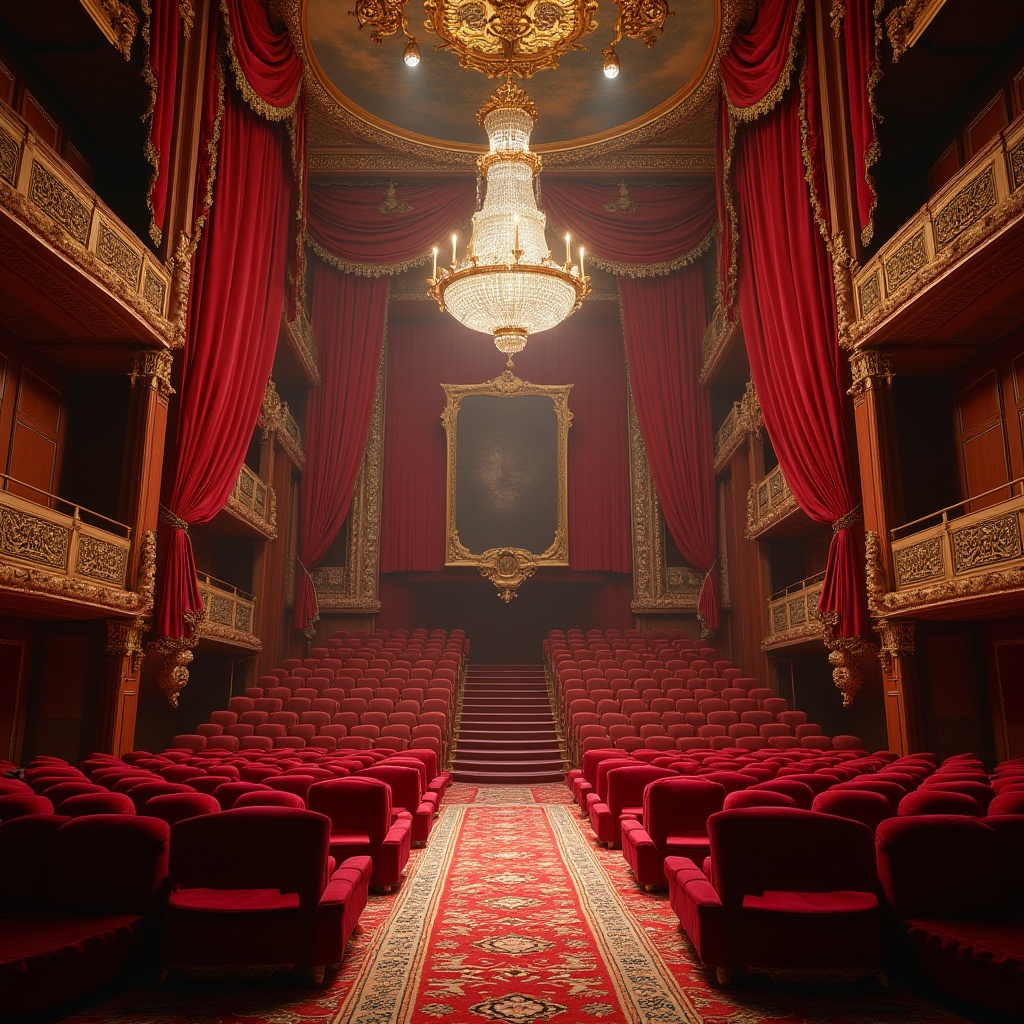 Prompt: Grandiose theater interior, opulent red velvet curtains, golden ornate frames, crystal chandelier, lavish furnishings, Baroque-inspired architecture, grand staircase, sweeping arches, intricate moldings, majestic high ceilings, dramatic spotlights, luxurious thick carpets, rich wood paneling, elegant marble columns, dynamic shadows, vibrant colors, eclectic decorative elements, whimsical patterns, oversized furniture, surreal ambiance, futuristic details, cinematic lighting, wide-angle shot, low-key illumination.