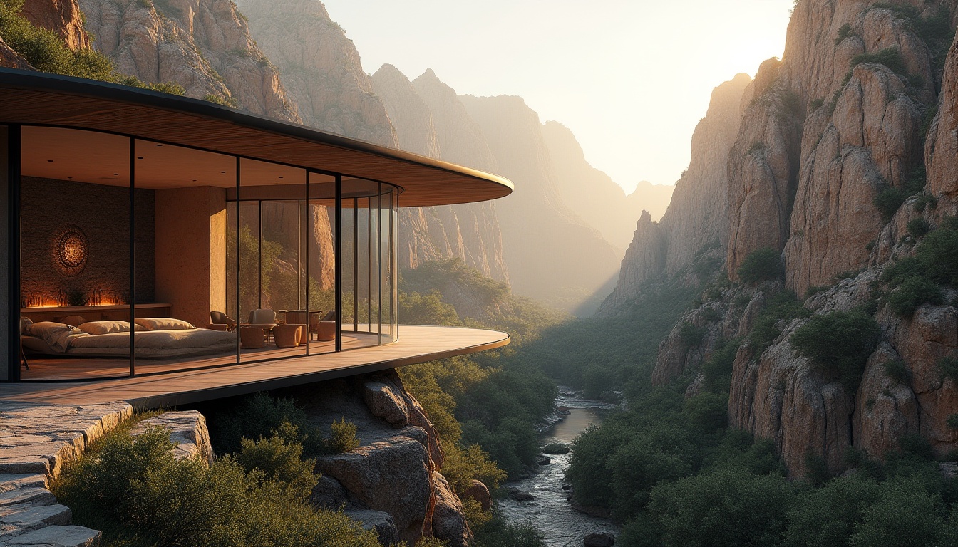 Prompt: Canyon landscape, modern pavilion, sleek glass walls, minimalist steel frames, curved roofline, cantilevered design, overlooking canyon vista, dramatic rock formations, lush greenery, winding stone paths, warm sunset lighting, 3/4 composition, atmospheric perspective, ambient occlusion, cinematic depth of field.