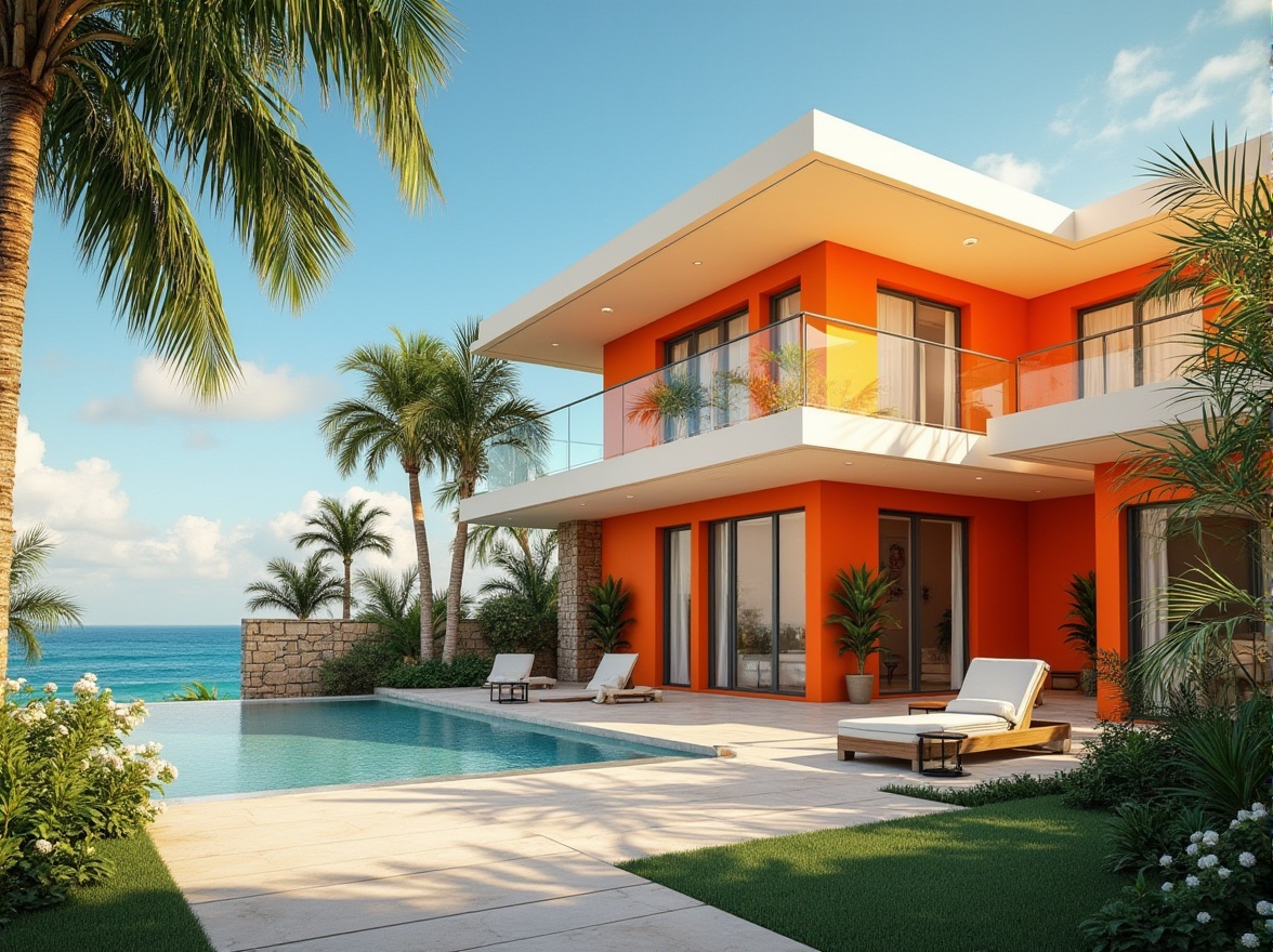 Prompt: Vibrant tangerine color, coastal home exterior, beachside villa, modern architecture, large windows, sliding glass doors, white trim, coral stone walls, lush greenery, palm trees, tropical plants, ocean view, sunny day, clear blue sky, puffy white clouds, warm ambient light, 3/4 composition, shallow depth of field.