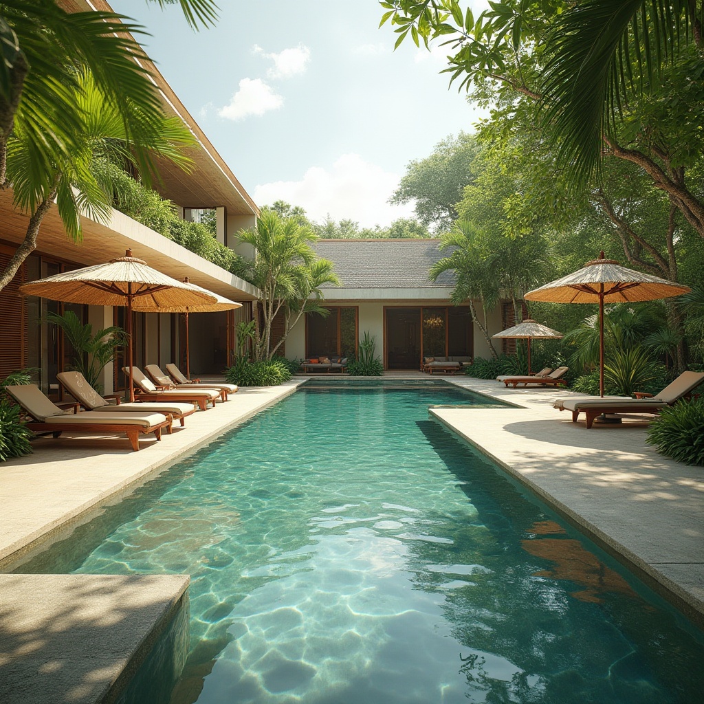 Prompt: Eco-friendly pool, modern architecture, sustainable practices, natural stone decking, saltwater system, energy-efficient pumps, solar-powered heating, water conservation features, lush greenery surroundings, tropical plants, palm trees, wooden lounge chairs, rattan umbrellas, serene atmosphere, soft sunlight filtering through leafy branches, warm beige tones, natural textures, organic curves, 3/4 composition, shallow depth of field, soft focus on pool surface.