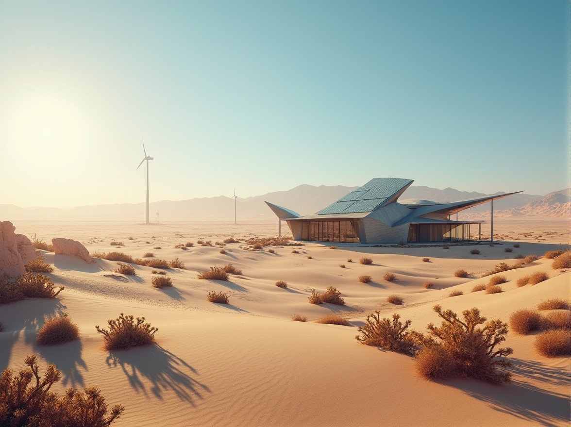 Prompt: Desert environment, vast sand dunes, clear blue sky, hot sun, sandy terrain, rocky outcrops, cacti, succulents, mirage effect, futuristic architecture, sustainable design, eco-friendly materials, solar panels, wind turbines, water harvesting system, minimalistic aesthetic, modernist style, brutalist structure, metallic exterior, glass facade, angular lines, geometric shapes, ombre color palette, warm beige tone, golden hour lighting, cinematic composition, wide-angle lens.