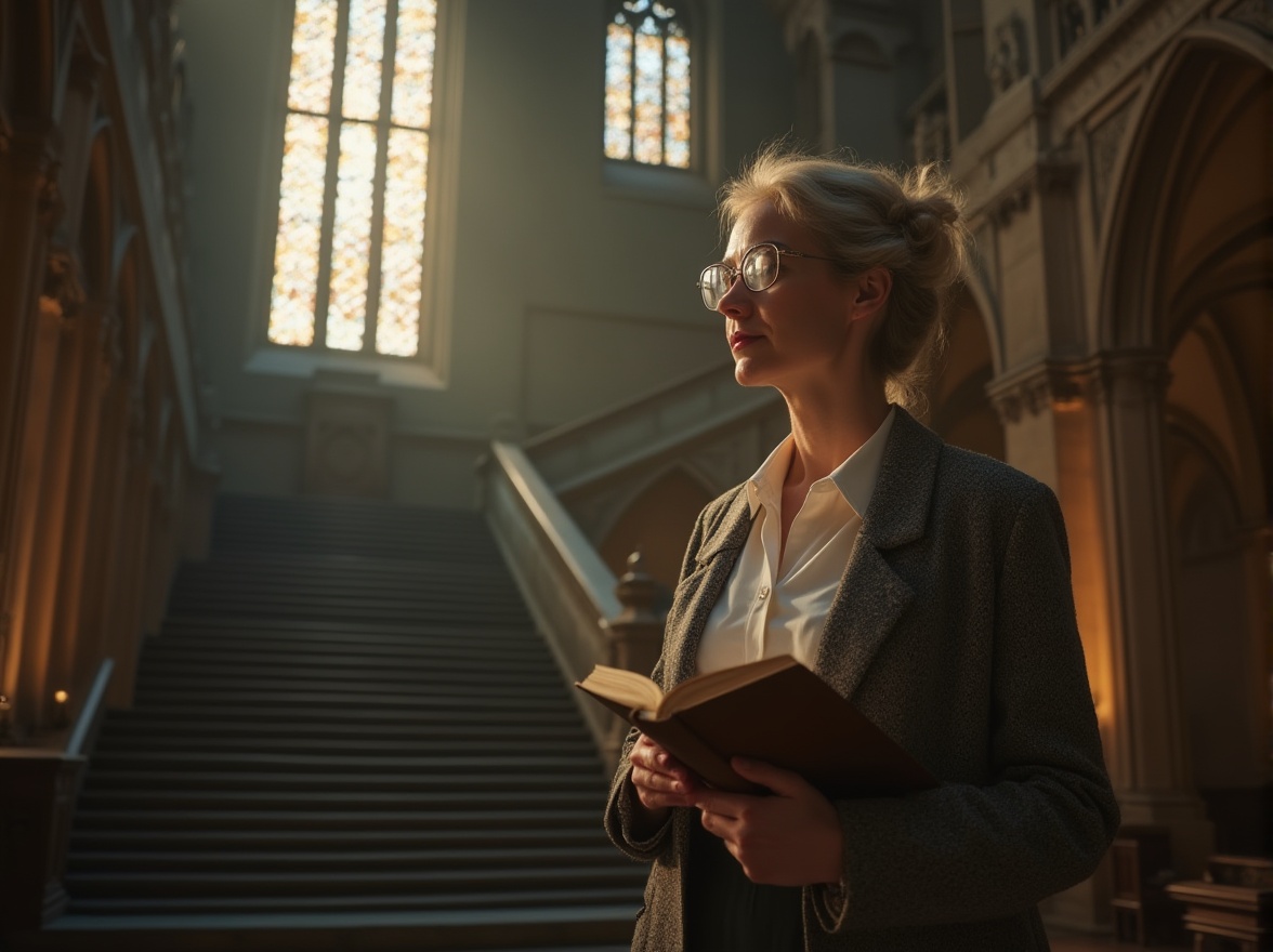 Prompt: Mature lady, professor, solo, (30yo), elegant hairstyle, glasses, subtle makeup, white blouse, tweed jacket, long skirt, holding a book, standing, watching towers, gothic architecture, stone walls, stained glass windows, intricate carvings, grand staircase, dimly lit, warm lighting, afternoon sunbeam, soft focus, atmospheric perspective, cinematic composition, depth of field, realistic textures, subtle noise.