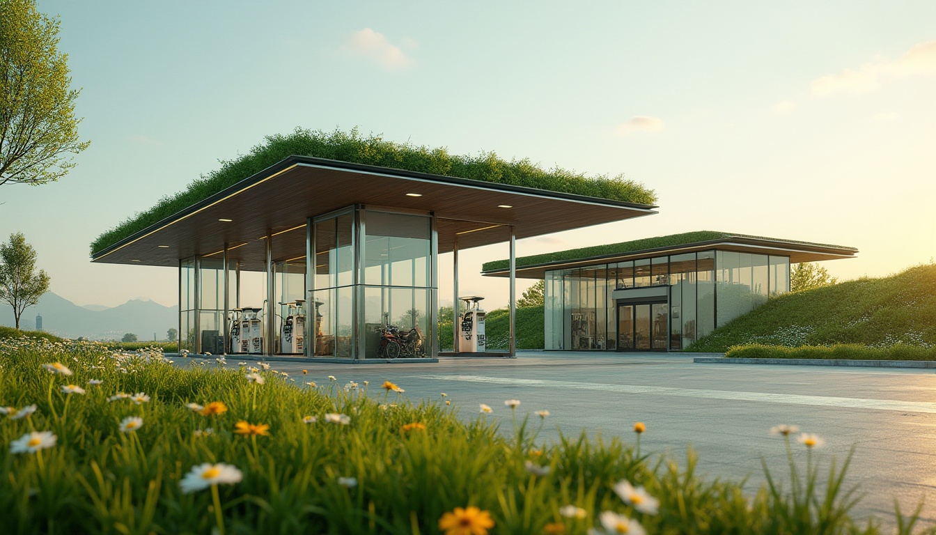 Prompt: Gas station, modern architecture, grassland integrated design, green roof, wildflowers blooming, gentle slope, natural landscape blending with urban infrastructure, transparent glass walls, steel beams, LED lighting, sleek lines, minimalism, 3/4 composition, low-angle shot, warm sunlight, afternoon atmosphere.