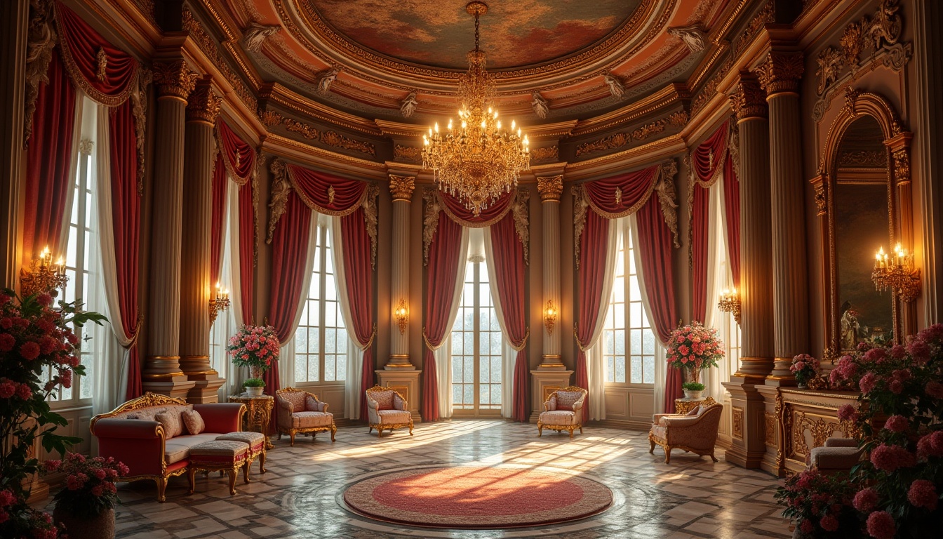 Prompt: Renaissance style, ornate details, luxurious fabrics, intricate carvings, golden accents, velvet drapes, marble columns, grand chandelier, lavish furnishings, regal atmosphere, Baroque patterns, classical architecture, ornamental flowers, dramatic lighting, warm color palette, rich textures, grandiose interior, majestic scenery, cinematic composition, high contrast ratio.