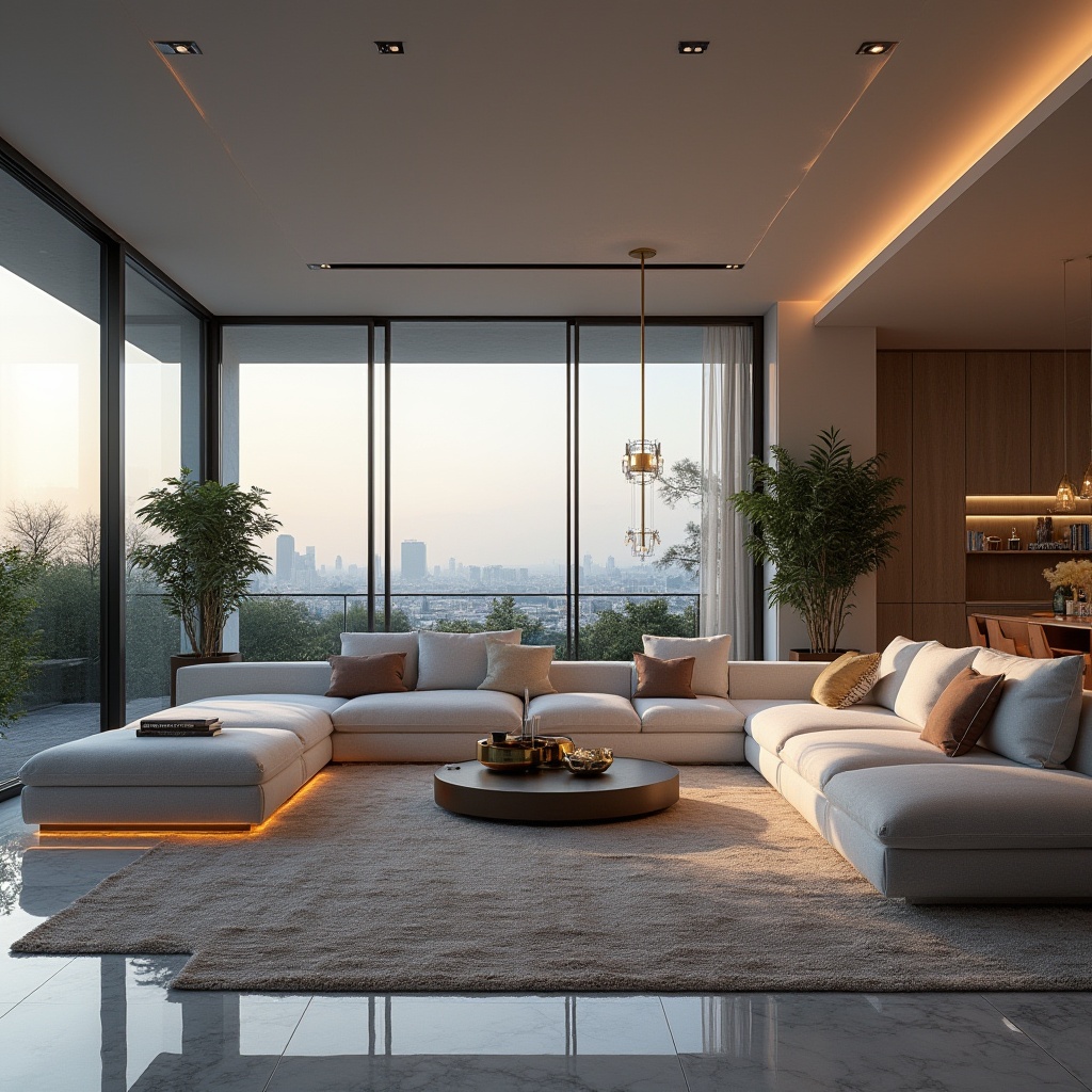 Prompt: Modern interior design, luxurious living room, combining functionality and aesthetics, sleek lines, minimalist approach, marble floors, elegant sofa, ambient lighting, subtle color palette, textured rug, metallic accents, greenery, floor-to-ceiling windows, cityscape view, panoramic composition, warm atmosphere, cozy ambiance, soft focus, cinematic lighting.