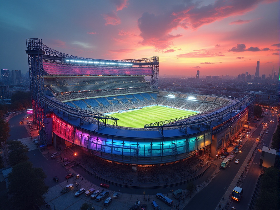 Prompt: Stadium architecture, vibrant color scheme, bold geometric shapes, futuristic design, massive steel beams, concrete structure, tiered seating, floodlights, evening atmosphere, warm ambient lighting, sunset glow, urban cityscape, distant skyscrapers, bustling streets, dynamic composition, low-angle shot, dramatic shadows, high-contrast colors.