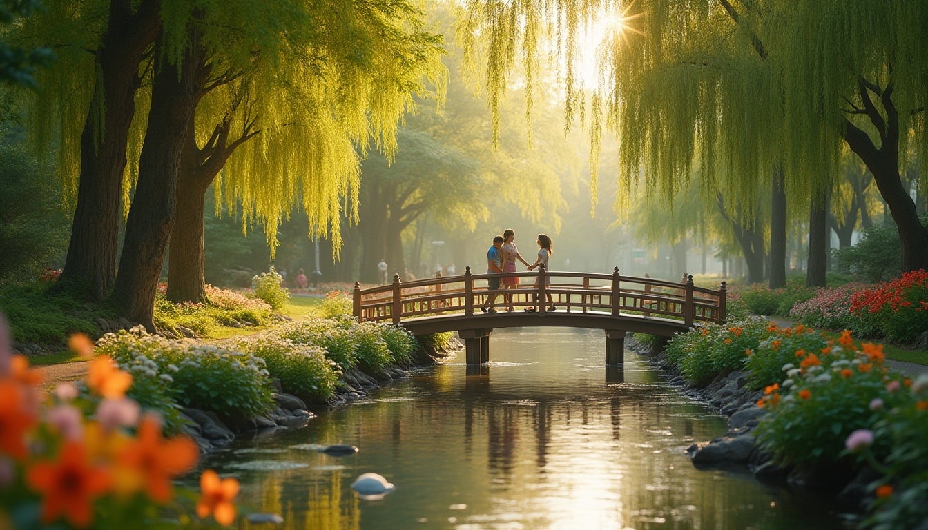 Prompt: Serene park scene, harmonious atmosphere, wooden bridge, gentle stream running underneath, lush greenery surroundings, vibrant flowers blooming, weeping willows hanging down, walking paths made of stone and wood, people strolling hand in hand, children playing tag, laughter echoing, soft warm lighting, 3/4 composition, shallow depth of field, beautiful bokeh effect, natural colors, cinematic feel, peaceful ambiance, afternoon sunlight filtering through trees.